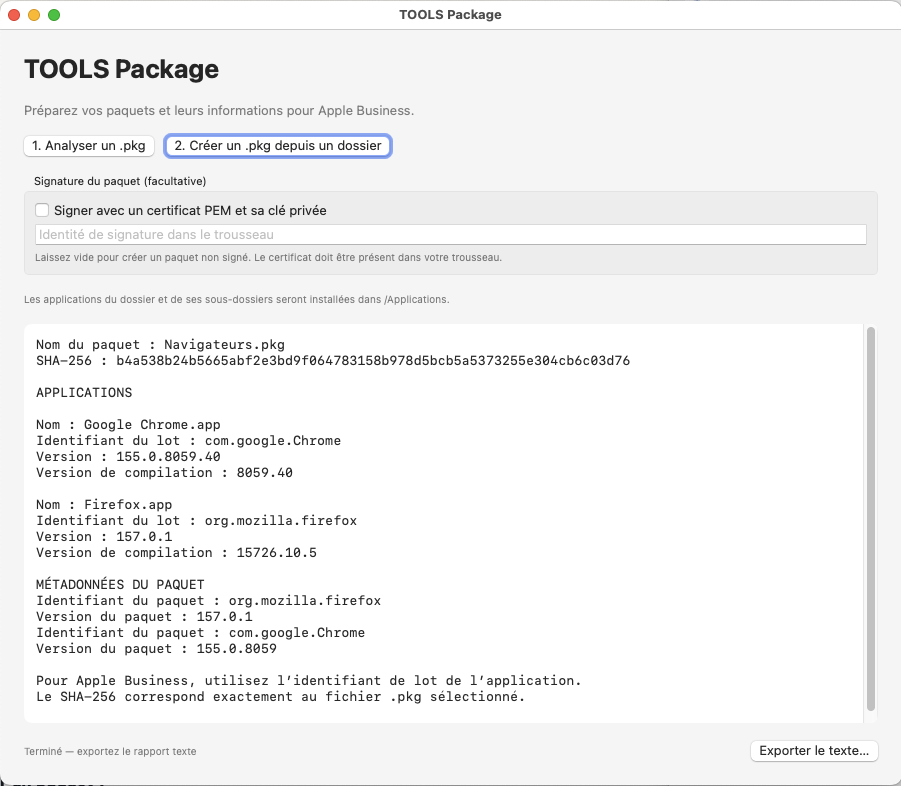 Interface de TOOLS Package : création d’un paquet et résultats de l’analyse